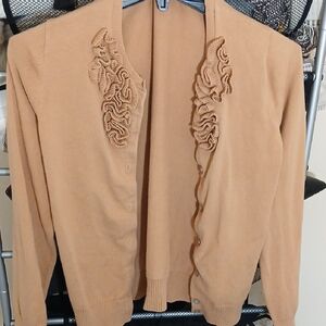 Lands' End Tan Cardigan with Ruffle Accents